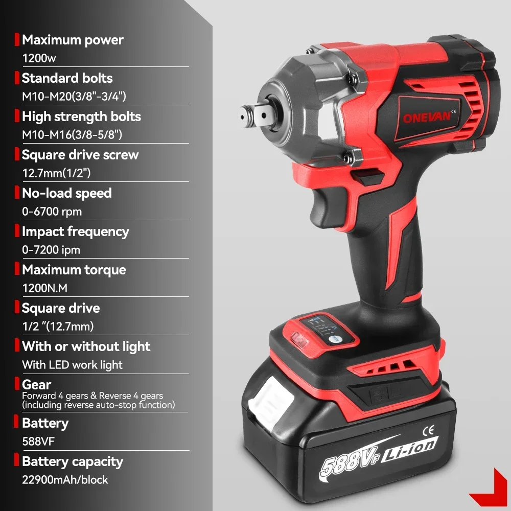 1200N.M Torque Brushless Electric Impact Wrench 1/2\'\' Cordless Screwdriver Lithium-Ion Battery Power Tool for Makita 18V Battery