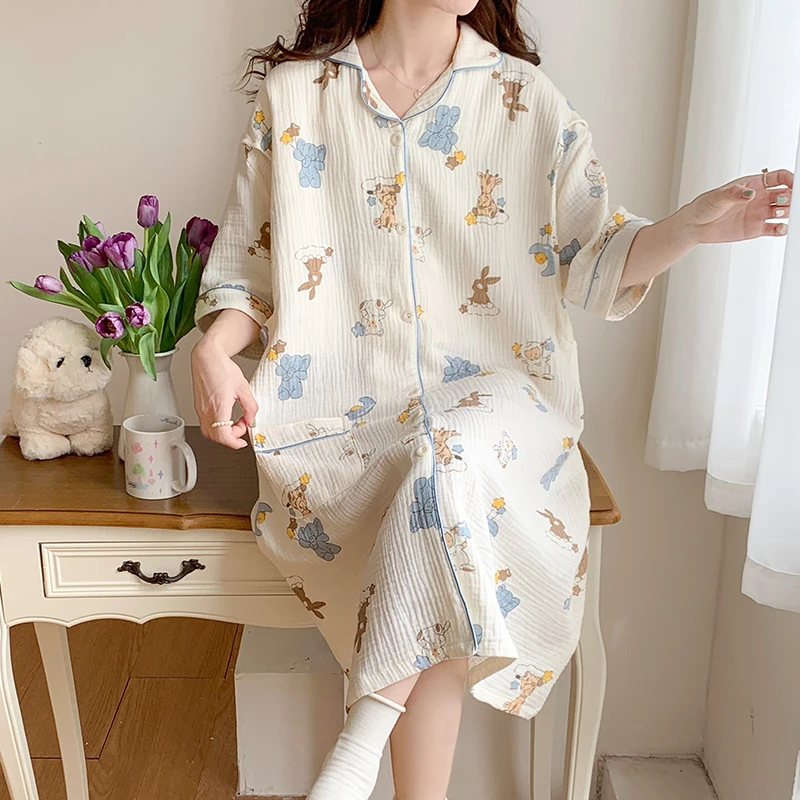 100% Cotton Double Gauze Nursing Nightdress for Maternity Summer Soft Thin Floral Printed Sleepwear Pregnancy Home Hospital Wear