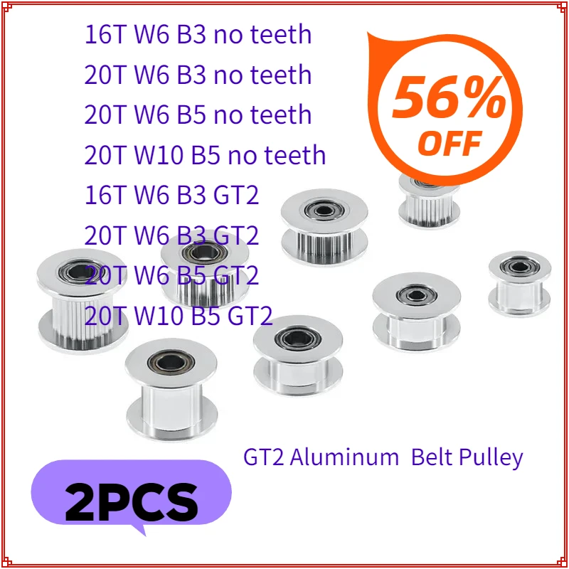 

2Pc GT2 Aluminum Alloy Synchronous Belt Pulley 3D Printer CNC Accessories 2GT Idler H-type Belt Pulley Bandwidth 6/10MM 16 20T
