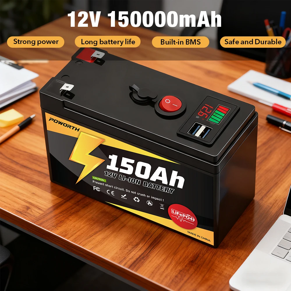

Lifepo4 12V 150000mAh Rechargeable Battery Built in BMS for Solar/Wind Power Lighting Power Wheels Fish Finder and More