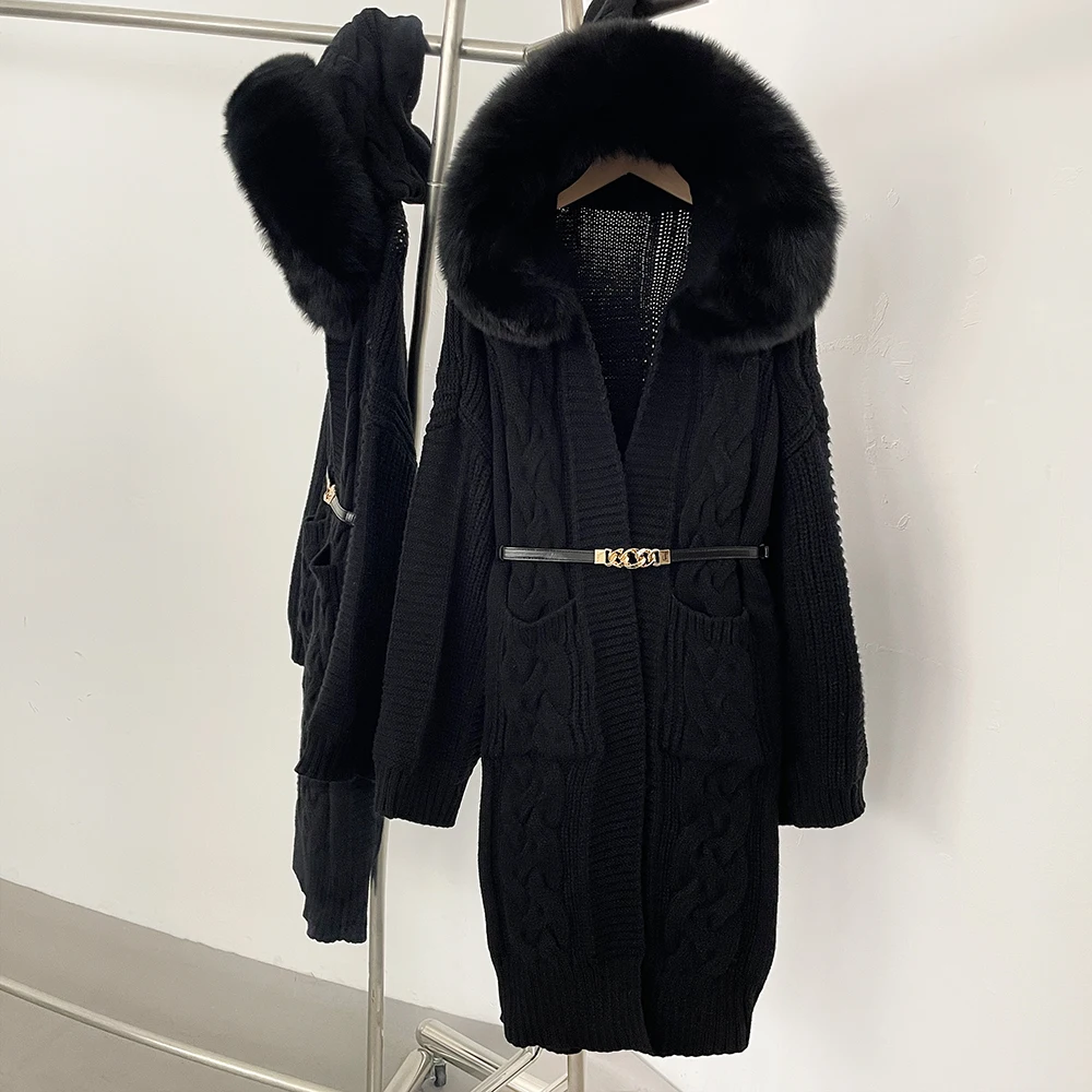Maglieria donna primavera vera pelliccia cappotto autunno cappotto lavorato a maglia vestiti moda cintura maglione cardigan femminile giacca con cappuccio vera pelliccia di volpe