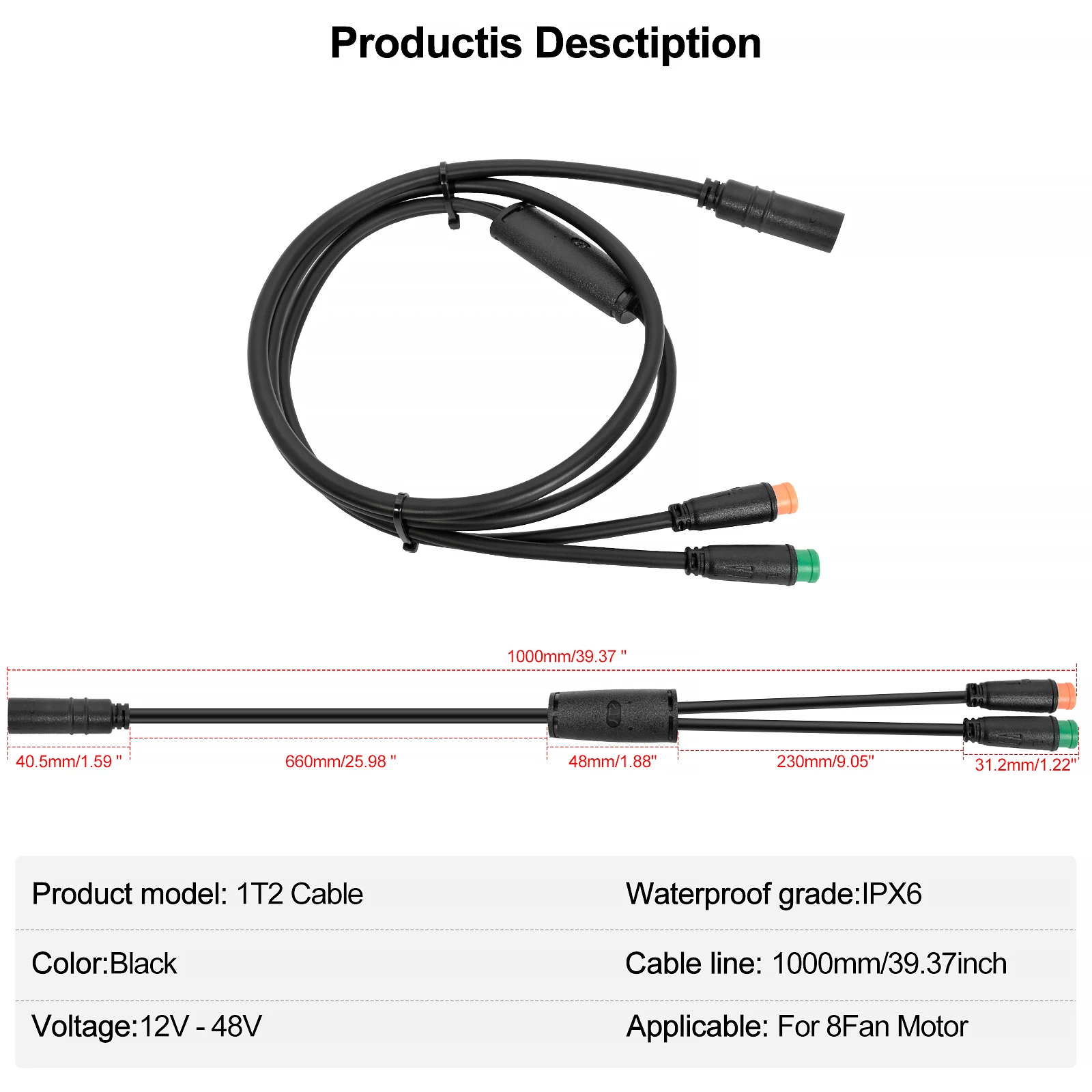 Electric Bike 1T2 Extension Cable Wiring Harness Female to Male for Bafang BBS01 BBS02 BBSHD Mid Drive Motor Replacement