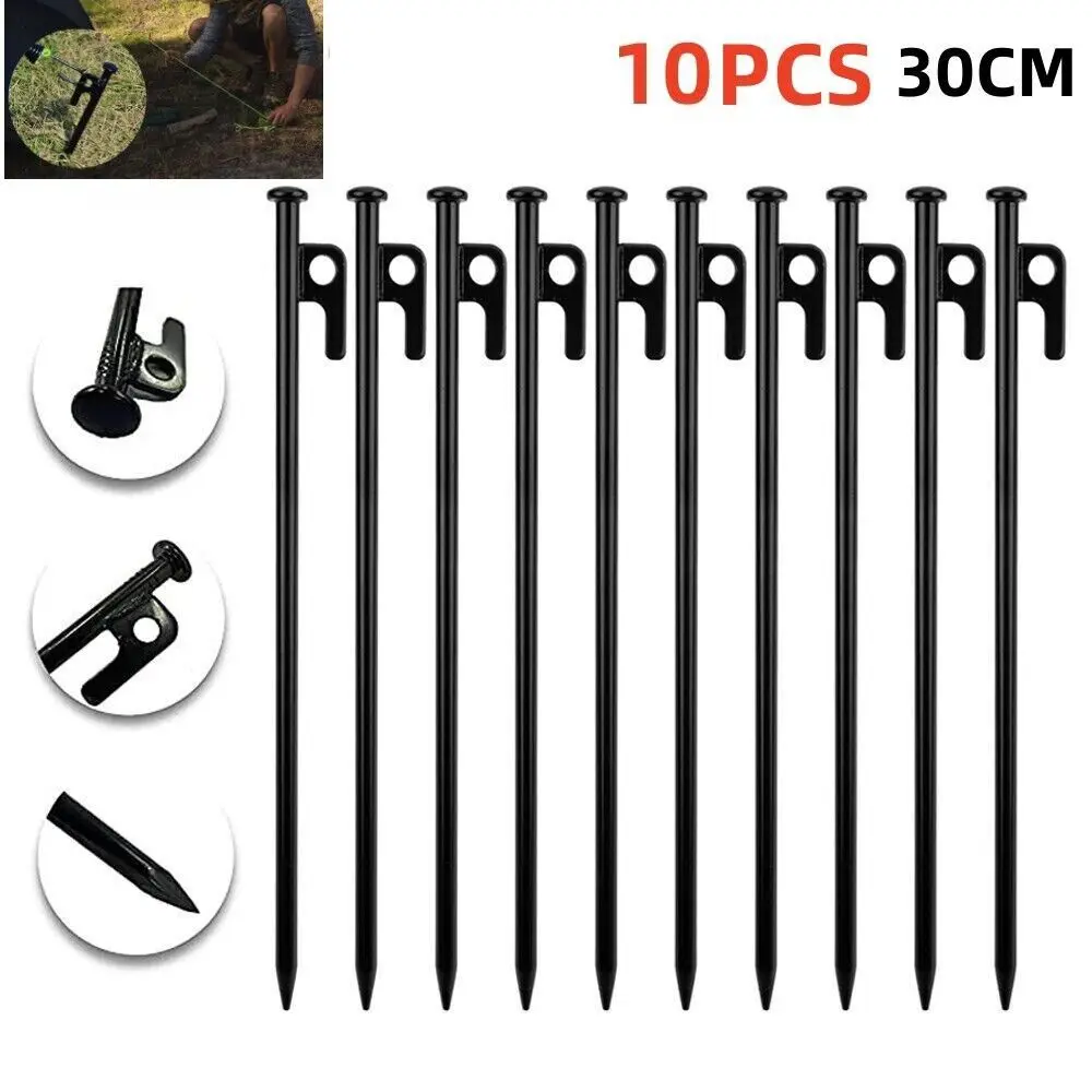 

10Pcs 30cm Ground Nails Durable Black Heavy Duty Camping Pegs With Hanging Holes Steel Nails Tent Pegs