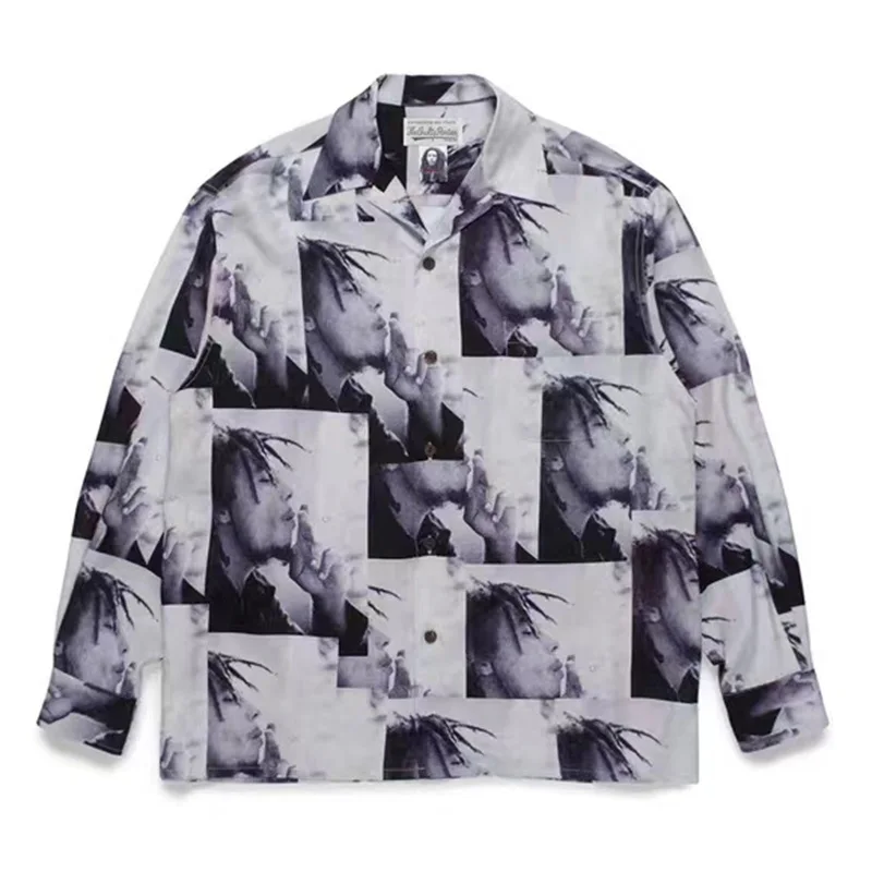 High Street WACKO MARIA Portrait Fashion Long Sleeve Shirt High Quality Brand Vintage Mens Womens Tops Hawaii Shirt