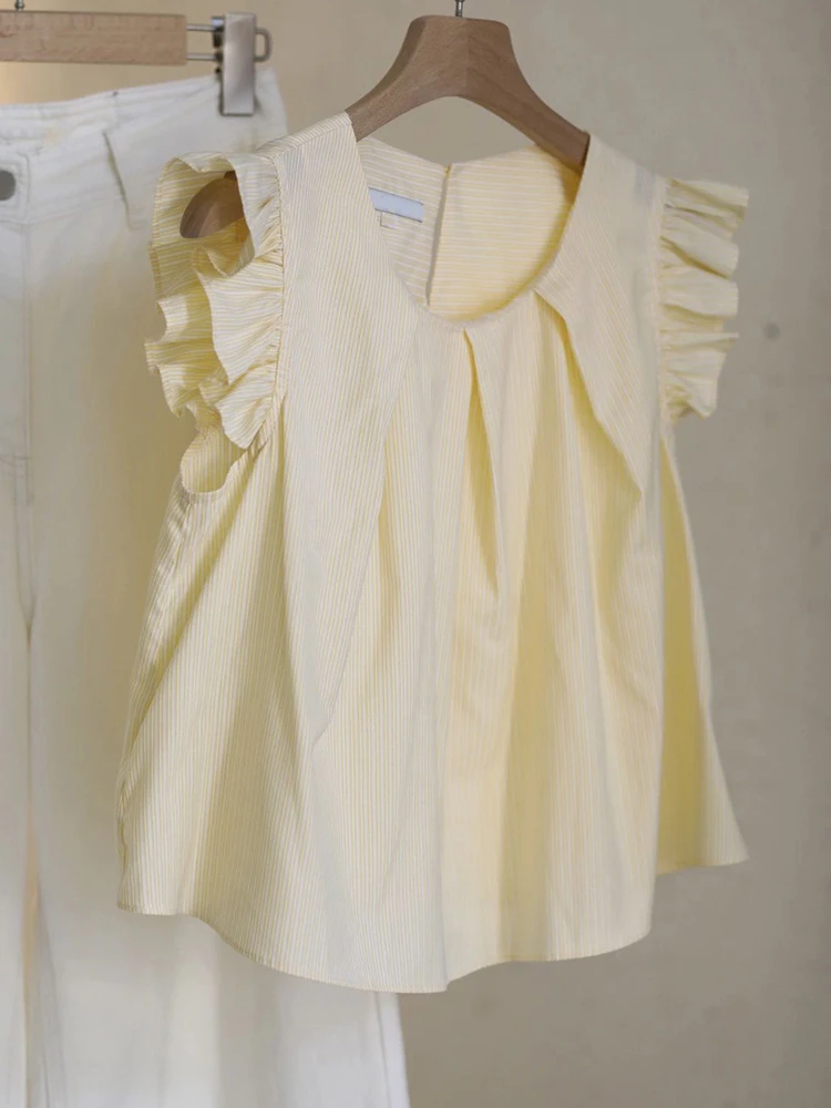 

Sweet Yellow Summer Shirt Women's Loose Sleeveless round Neck Design Feeling Pressed Folded Flying Sleeve Top Korean Style