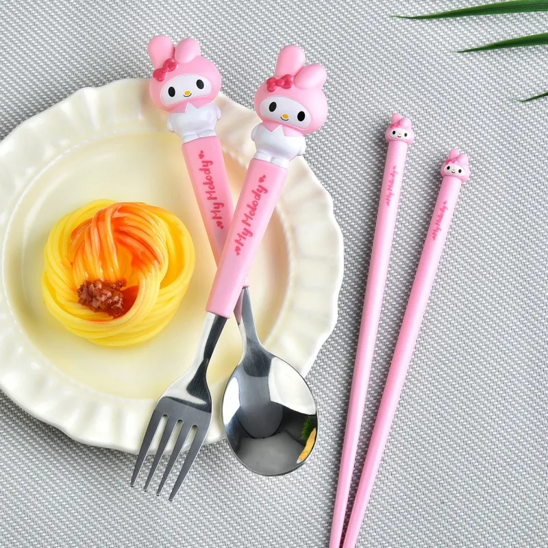 Hello Kitty 3-delige set Sanrio Kuromi Cinnamoroll Lepel Vork Roestvrij staal Cartoon Schattig Kind Servies Keukenbenodigdheden Cadeau