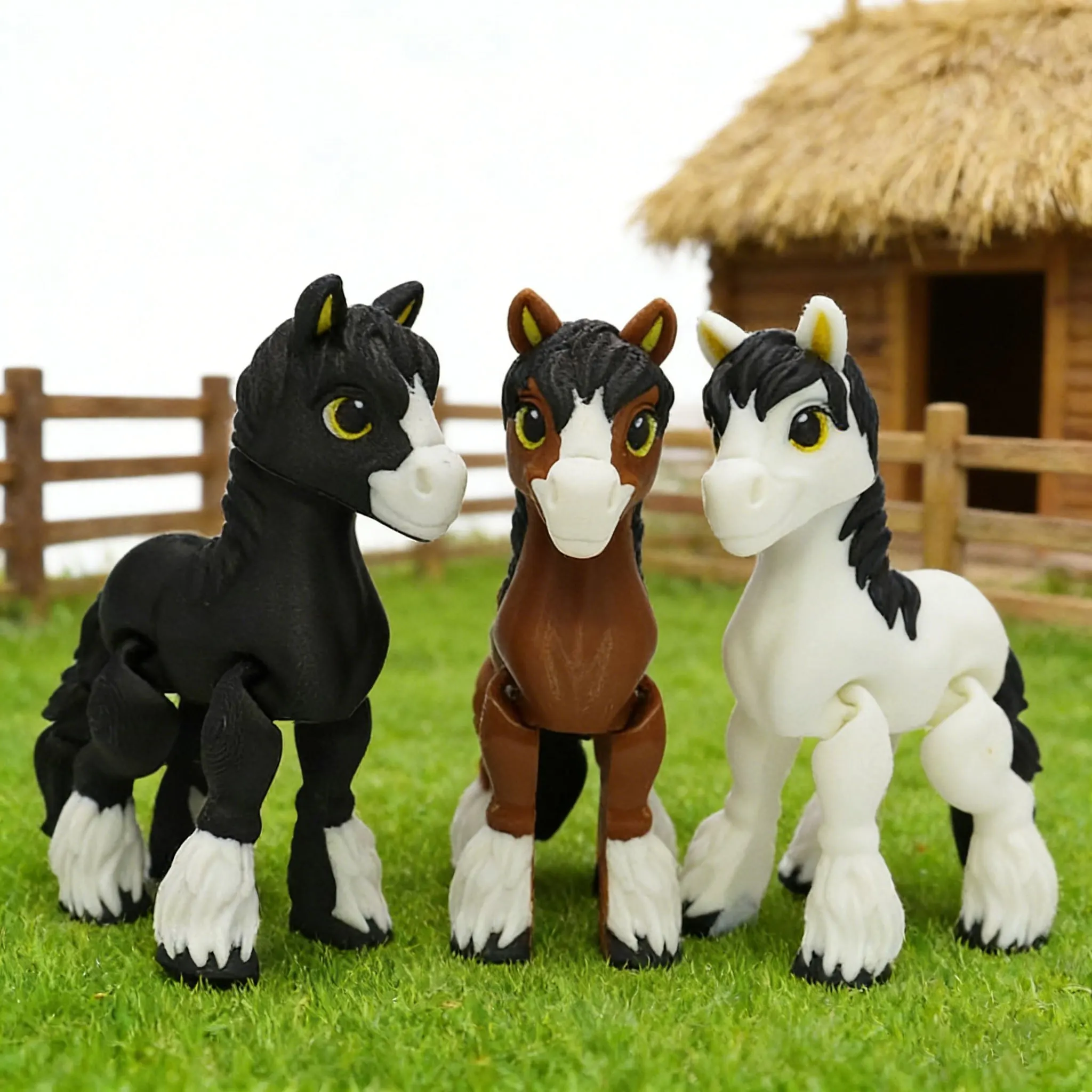 Vibrant 3D Printed Horse Statue - Contemporary Black/White/Brown Plastic Animal Decor with Expressive Eyes and Realistic Mane Te