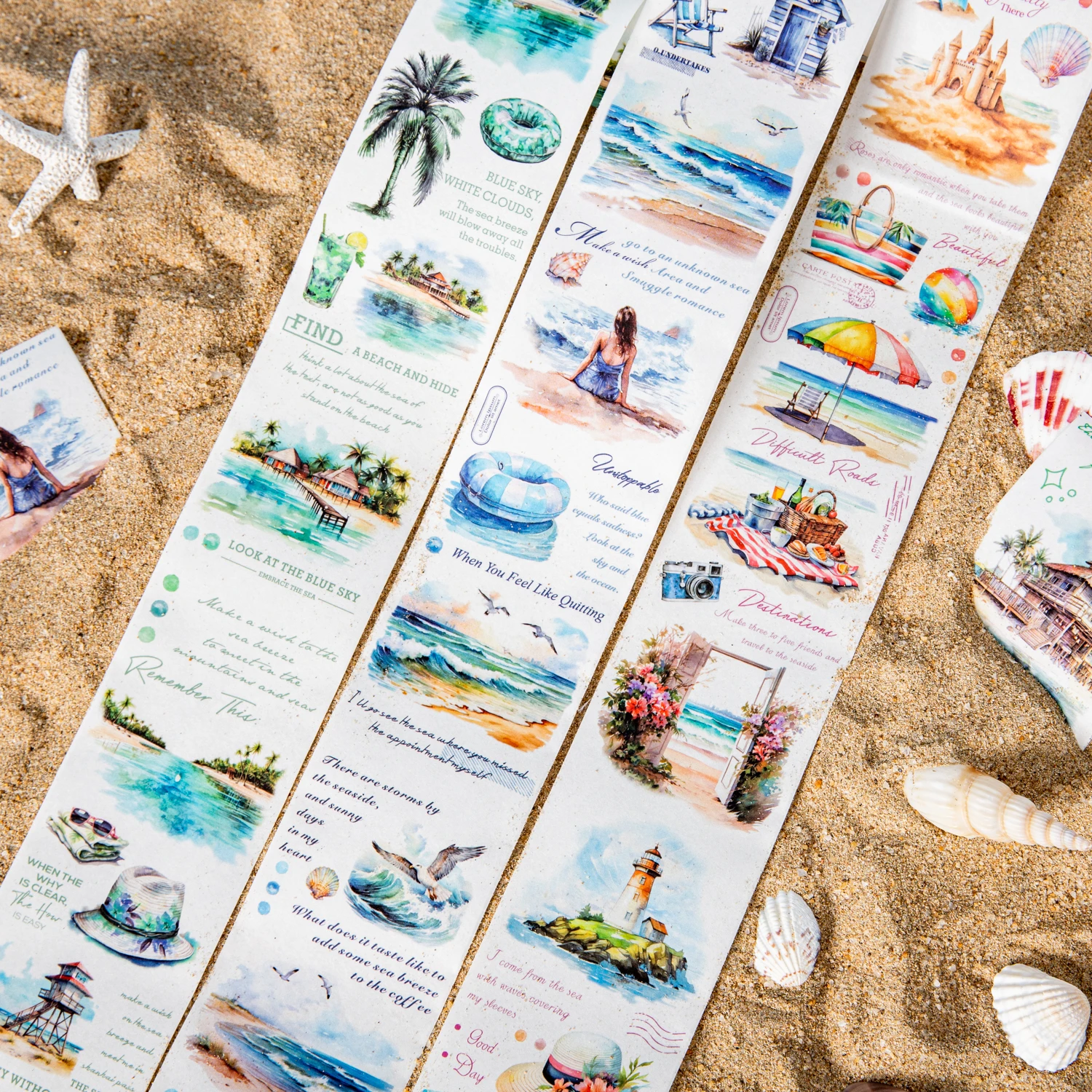 Mr.Paper Sea Breeze Blows Ear Series-Cinta Washi con tema de vacaciones en la playa, Material de manual, pegatina de decoración de puesta de sol