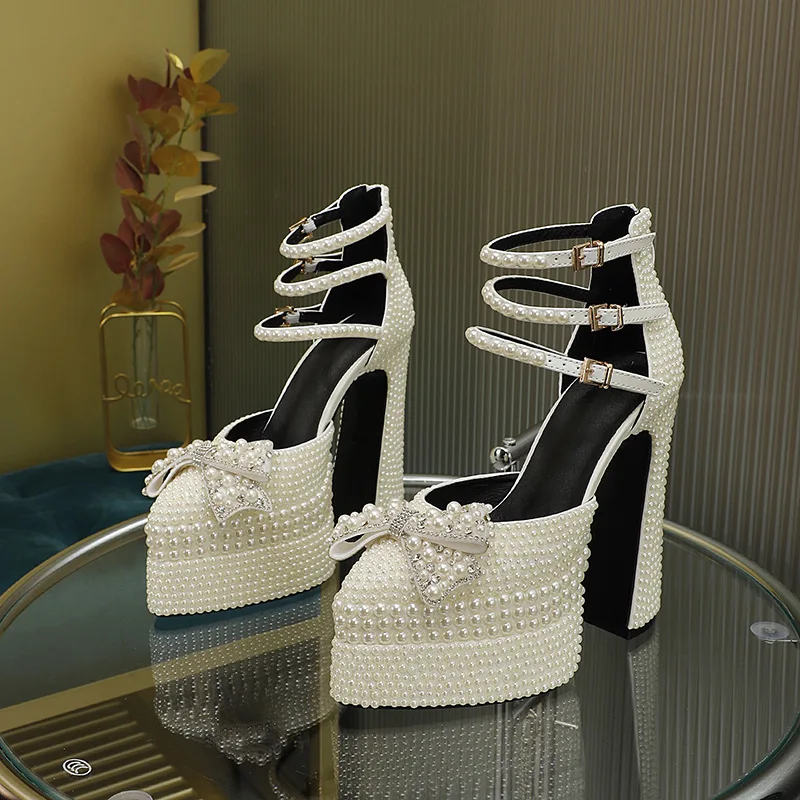Wedding Women Pumps Spring Autumn PU 13CM Thick High Heels Pointed Toe Shallow Slip-On Rhinestone Bowknot Shoes for Women White