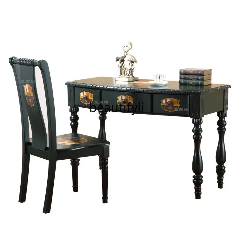 Solid Wood Computer Desk and Chair Set Vintage Distressed Dark Green European Style Writing Desk