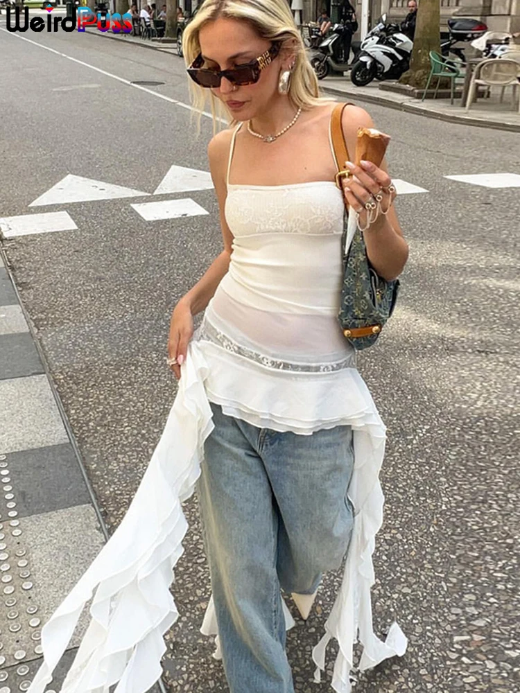 

Weird Puss Chic Женская майка с оборками на тонких бретельках Нерегулярная макси-кисточка без рукавов Летняя уличная одежда Y2K Модный дикий жилет