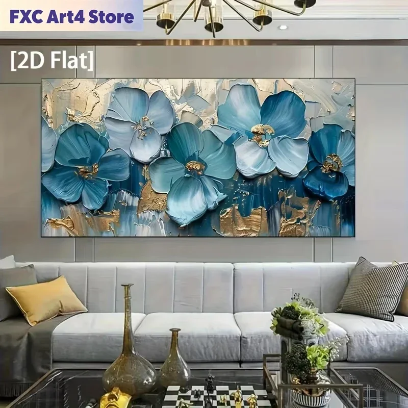Frameless Modern Minimalist Blue Flowers Canvas Painting Large Size Floral Poster Wall Art Suitable for Living Room Decoration P