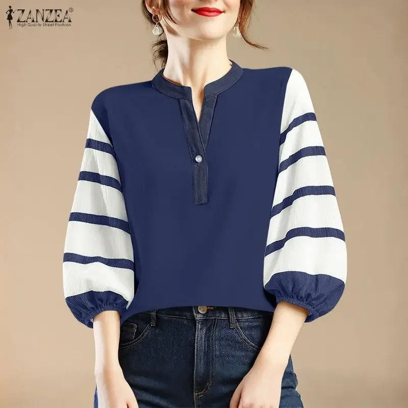

ZANZEA 2026, весенне-летняя рубашка, женская стильная лоскутная блузка, элегантная блузка с v-образным вырезом и рукавами 3/4, Blusas Mujer Femme, повседневные рабочие топы OL
