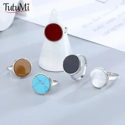 925 Sterling Silver Rings Inlaid Round Natural Stone Brief Design Single Ring Fine Jewelry For Women Men