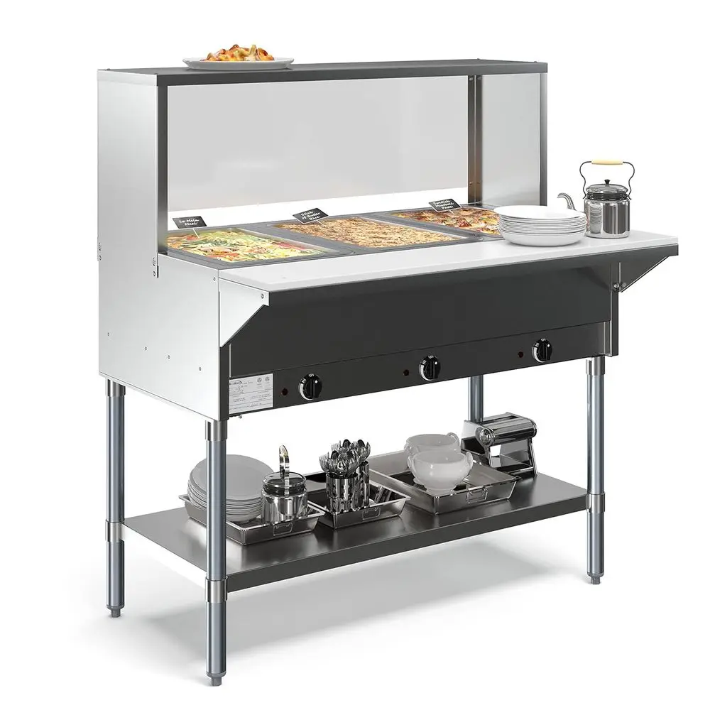 

Трехсекционный электрический паровой стол-мармит из нержавеющей стали с защитным экраном от капель, верхней и нижней крышками, регулятором температуры