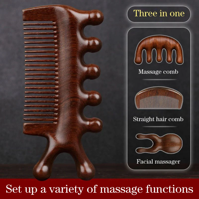 3 In 1 Meridiaan Massage Kam Vijf-Tand Handleless Houten Punt Hoofd Kam Brede Tand Sandelhout Kam Massahoofd Kam