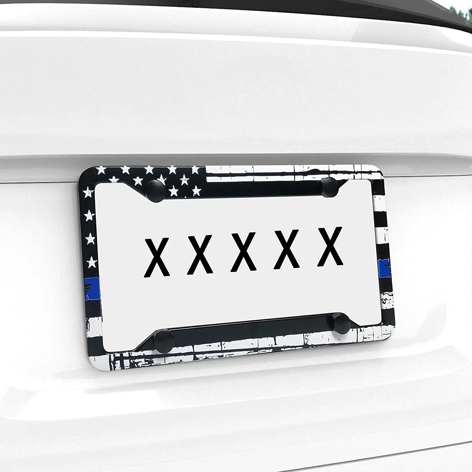 Thin Blue Line American Flag License Plate Frame Heavy Duty Aluminum Black on White Composite Tie Flag Novelty Auto Car Tag Gift