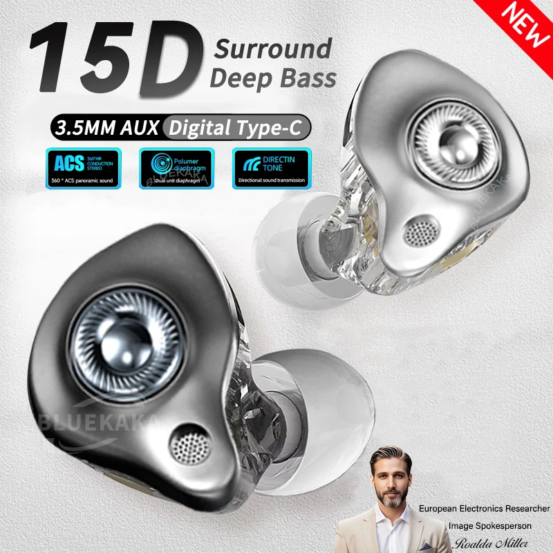 New 15D Dynamic Earphones HIFI Super Bass Earbuds In Ear Monitor Music Headphones 3.5MM AUX/Type-C Digital Chip Headset With Mic
