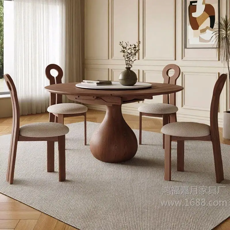 

Medieval solid wood retractable dining table household French retro small apartment folding roundtable square and round dual-pu