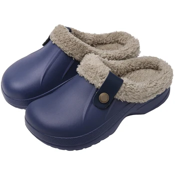 Pantoufles imperméables pour hommes et femmes, sabots en fourrure, chaussures de jardin, mules coordonnantes d'extérieur, chaussures de maison souples d'intérieur, hiver, nouveau