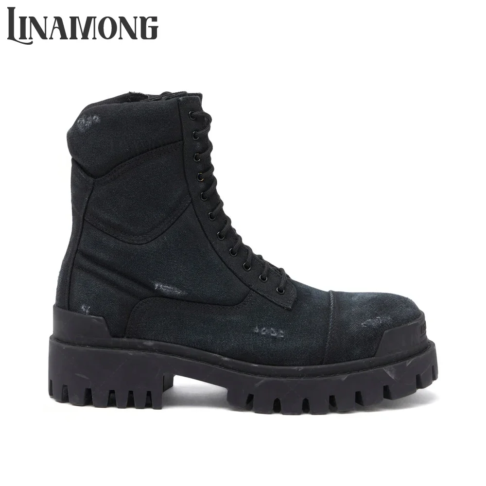 Distressed Style Combat Booties Weathered Cotton Canvas Ankle Boots Lace up Closure Thick Rubber Track Soles Retro Boots for Men