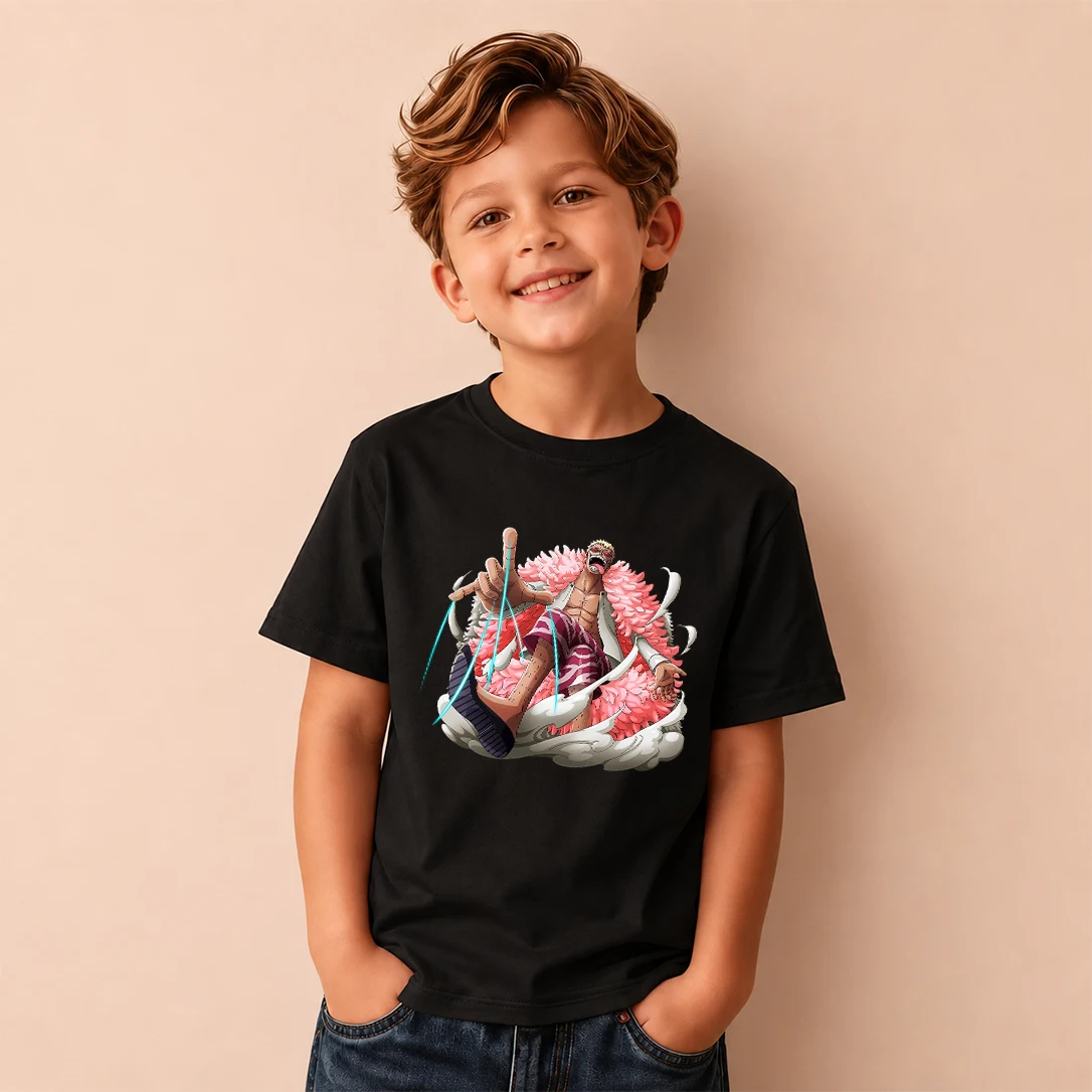 Kids T‑Shirt One Piece Donquixote Doflamingo Fighting Pose Print Short Sleeve Casual Tops Boys Girls Children Daily Wear Tees