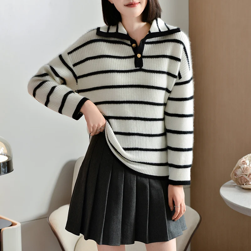 Cashmere Pullover Sweater Autumn/Winter Casual Striped Knit Loose Lapel Ladies' Tops Thickened Fashion 100% Pure Wool Blouse