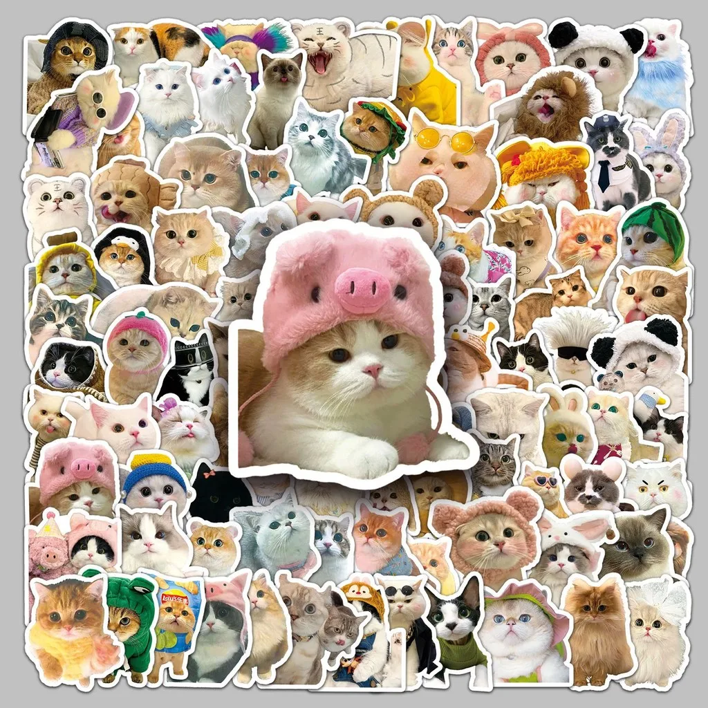 100 قطعة من ملصقات القطط اللطيفة - حيوانات رموجية مضحكة للحيوانات الأليفة لزجاجة الهاتف/المياه - مقاومة للماء