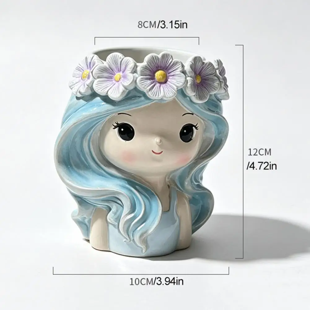 Cute Girl Planter, Blue Hair Garland Girl Head Planter,Resin Creative Flower Container for Window ,Garden Gift