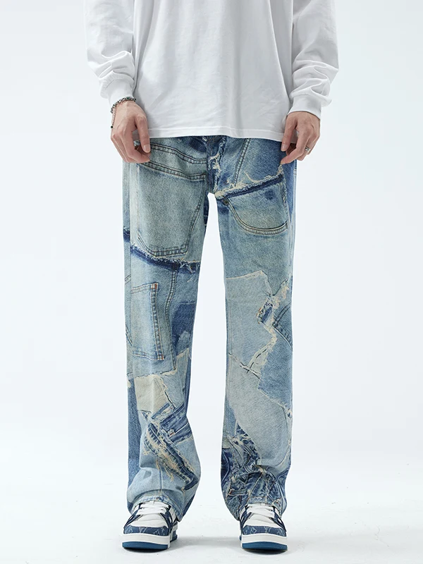 

American High Street Heavy Duty Distressed Patchwork Denim Jeans Men's Trendy Loose Straight Leg Wide Leg Long Pants