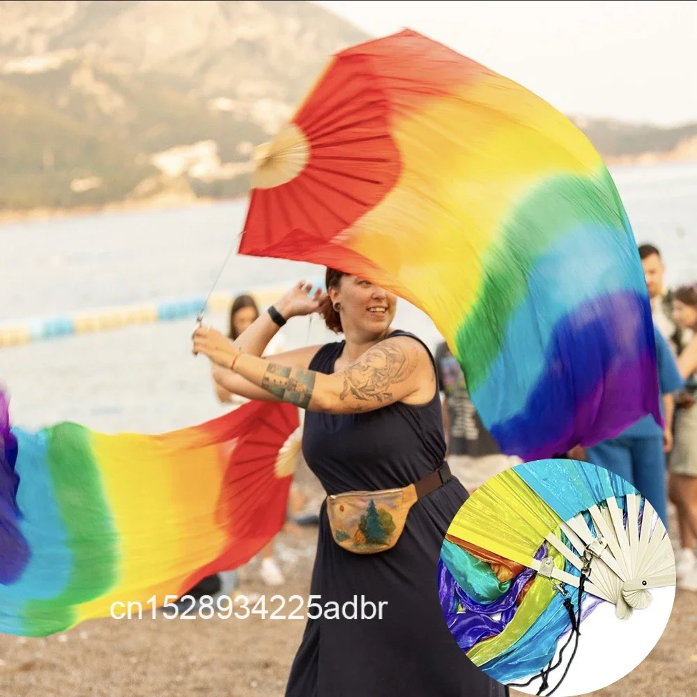 100% 실크 부채, 댄스용 접이식 실크 부채, 중국식 그라데이션 수제 염색 부채, 타이다이 로프 스윙 부채 1쌍