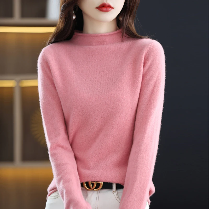 Women\'s Half Turtleneck 100% Merino Wool Pullover Autumn/Winter Warm Solid Knit Sweater With Rolled Edge Solid Pullover Sweater