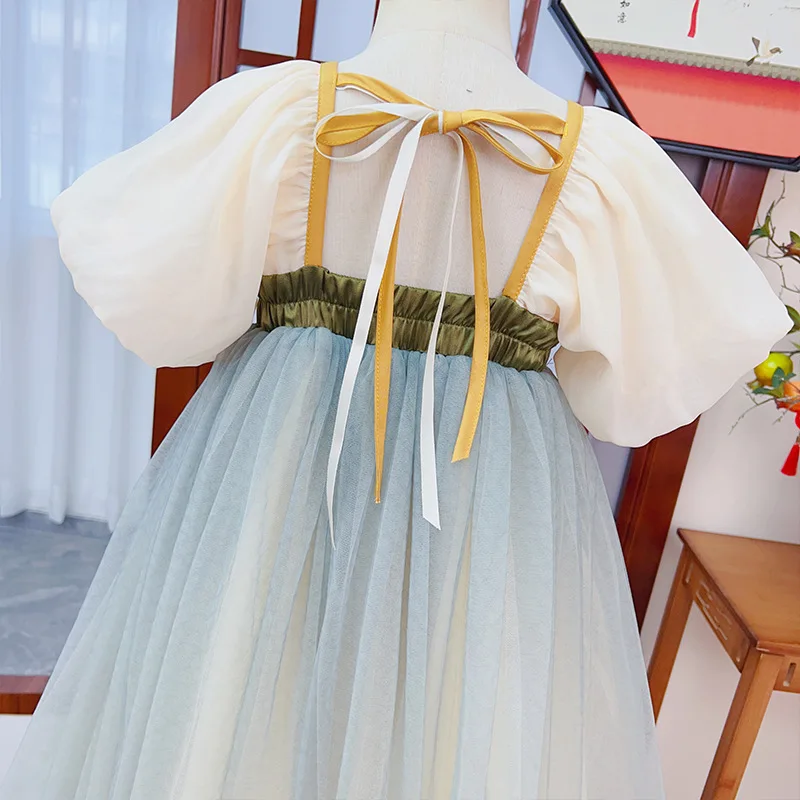 Robe de princesse de style chinois pour enfants, tenue de scène, broderie florale, vert nickel é, prairie, Hanfu, costume Tang imbibé