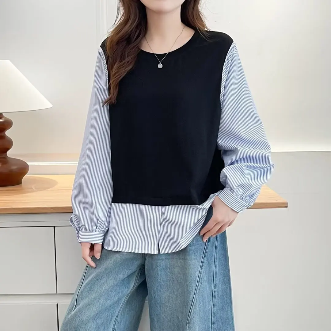 

Fashion Plus Size Women's Blouses Autumn New Classic Fake Two Pieces Casual Striped Patchwork Shirt 8032