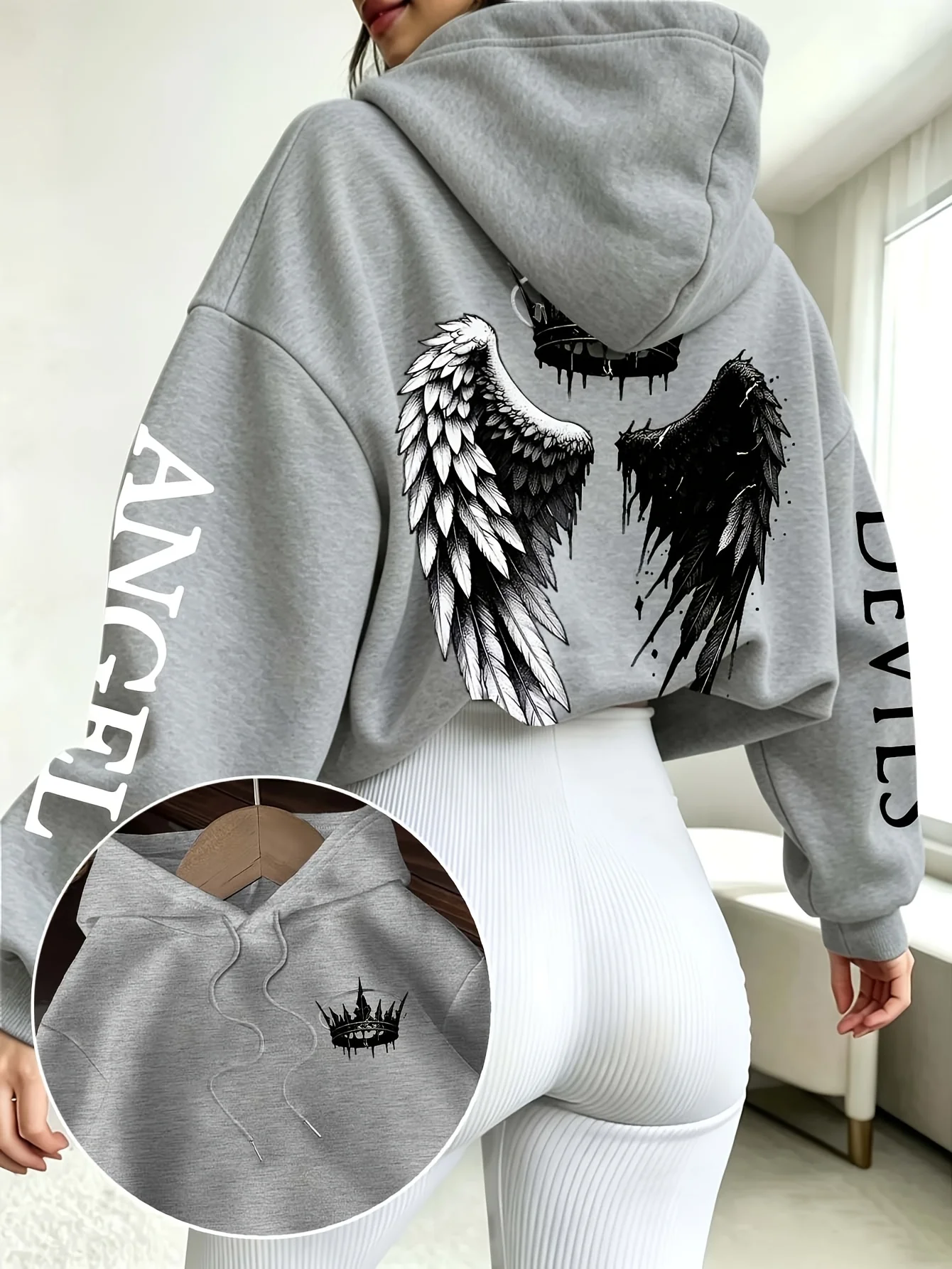 New ladies' angel and devil wing crown pattern print, sexy hot girl versatile loose hooded sweatshirt