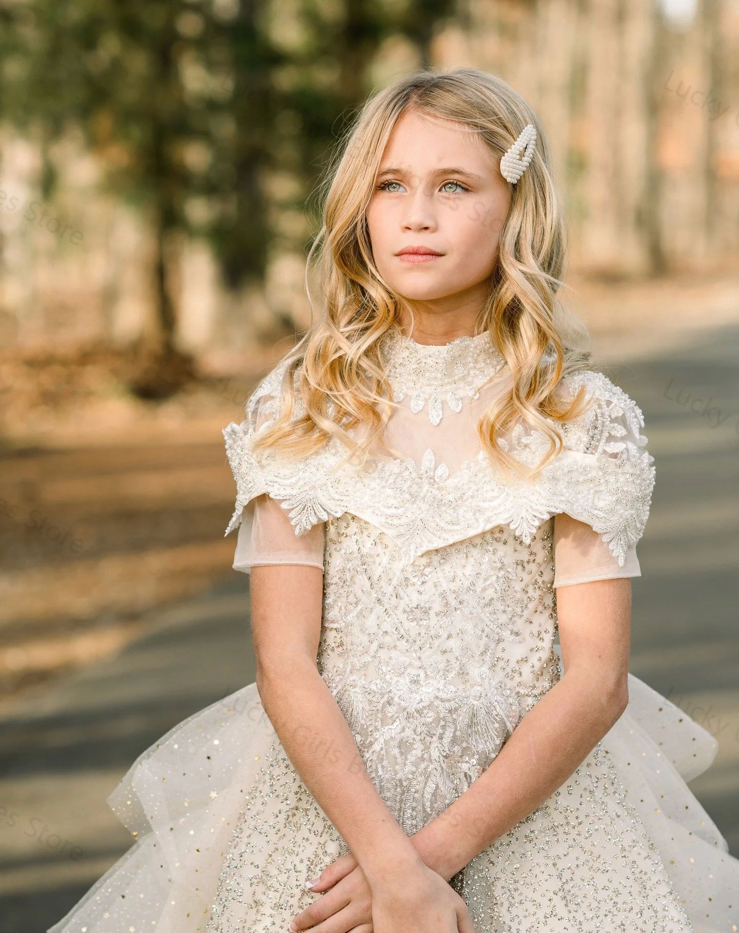 Ivory A Line Flower Girl Dresses Luxury Beads High Neck Children Birthday Gowns Tiered Ruffles Kids First Communion Dresses