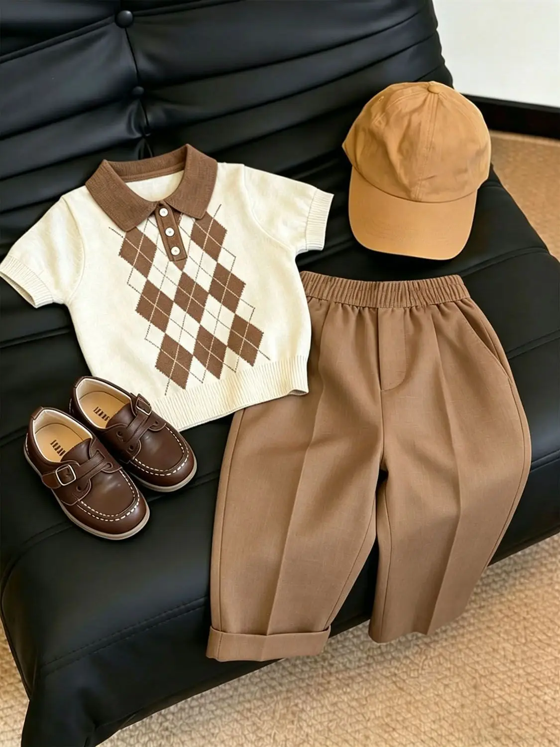 2026 Summer New Children's Handsome Retro Simple Hollow Breathable Knitted Polo Shirt and Pants Two-piece Set