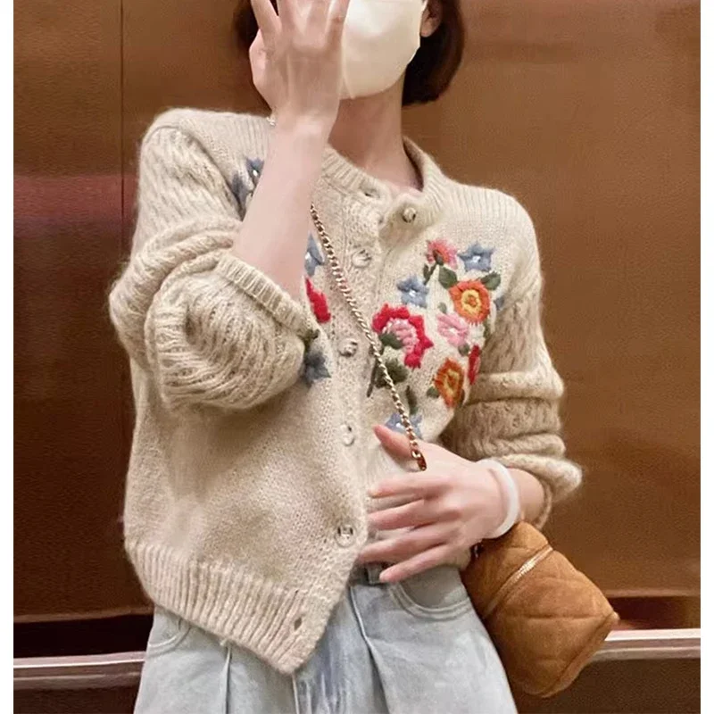 MEXZT Floral Embroidery Knitted Cardigan Women Vintage Cropped Sweater Coat Harajuku Korean Loose Knitwear O Neck Casual Jumpers