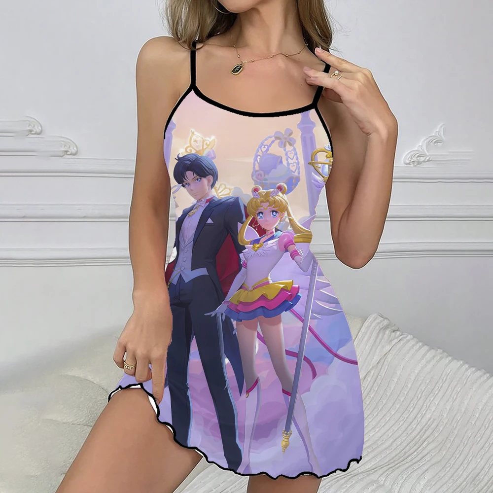 Fashion Off-shoulder Slimming Suspender Dress Women's Comfortable Pajamas Summer Satin Sailor Moon Pattern Sexy Nightdress