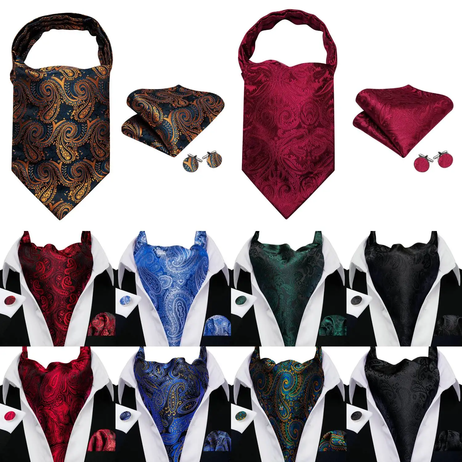 Barry.Wang Men's Ascot Pocket Square Cufflinks Sets Rose Red Green Blue Cravat Tie For Male Formal Casual Wedding silk Business