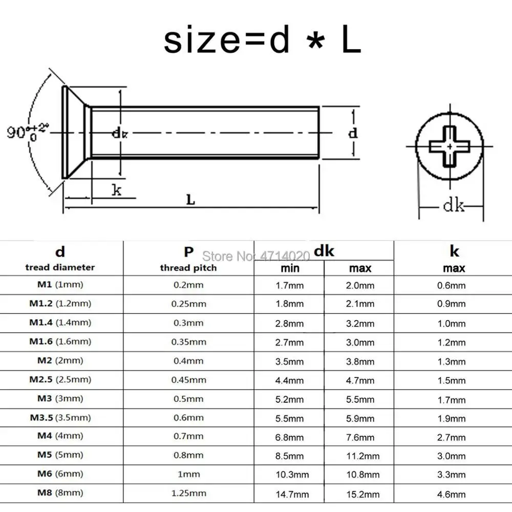 Parafuso principal escareado liso de aço inoxidável do parafuso, cruz Phillips, GB819, M1, M1.2, M1.4, M1.6, M2, M2.5, M3, M3.5, M4, M5, M6, M8, 304, 5 PCes, 10 PCes, 50 PCes