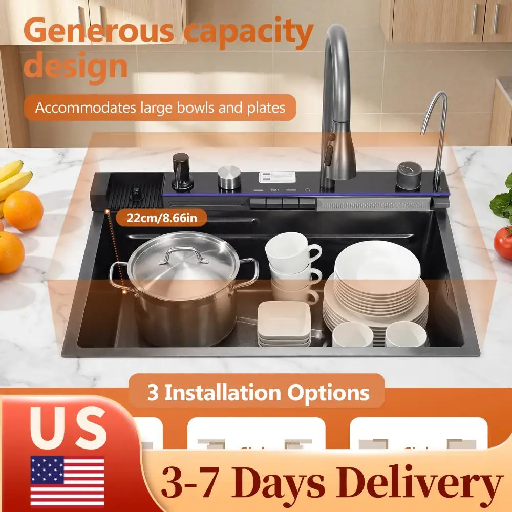 

Countertop Smart Kitchen Sink Digital Display Honeycomb Workstation Sink with Pull-Out Swivel Faucet With Pressurized Cup Washer