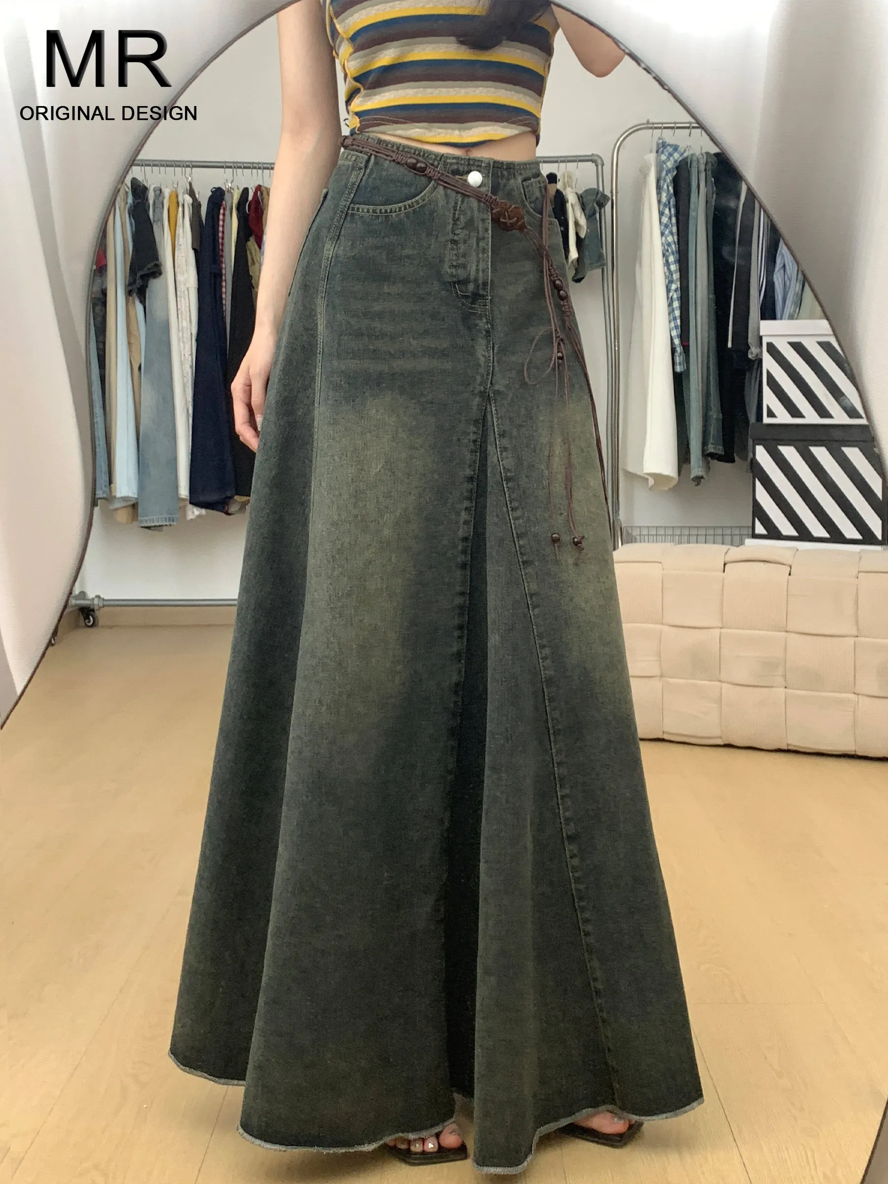 

Американская ретро-юбка из денима с высокой талией, женская, свободного кроя, А-силуэт, с эффектом «рыбий хвост», широкая юбка-солнце, летняя новинка