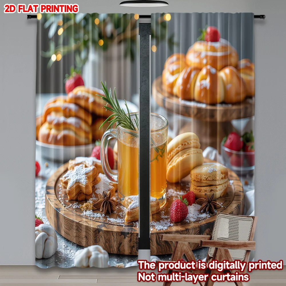 

2D flat printing 2pcs Window Curtains Christmas Cookies and Tea Digital Printed Polyester Drapes Birthday Party for Festive