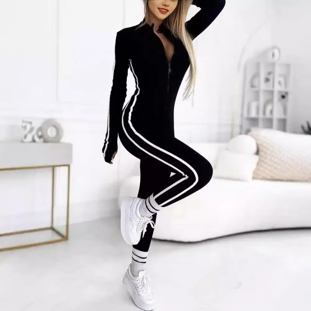 Women Jumpsuit Stylish Women's Striped Compression Jumpsuit with Zipper Closure for Gym Fitness Workouts Elastic Mid for Active