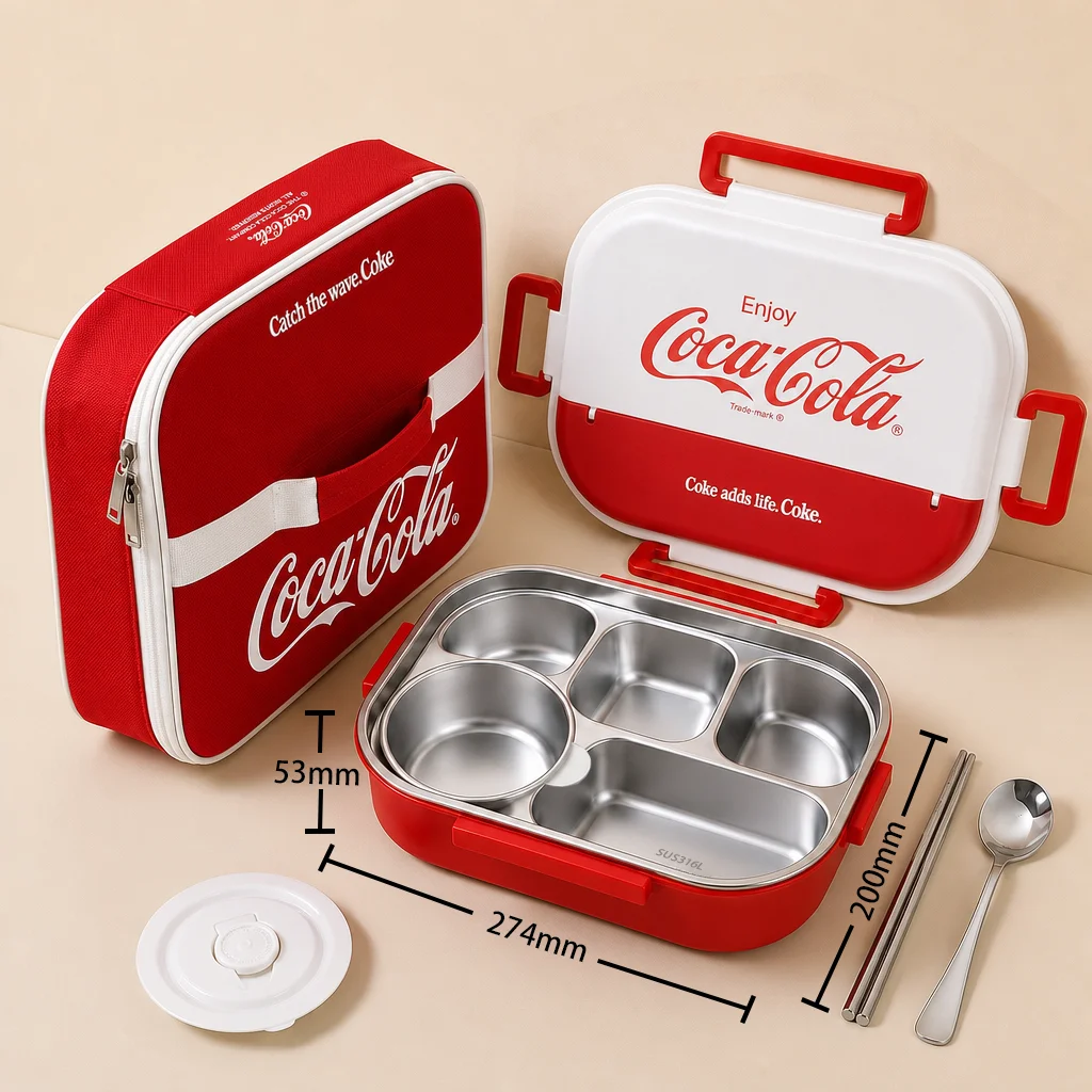 Coca Cola 1500ML 316L roestvrijstalen lunchbox, lekvrij, met soepkom en bestek, voor studenten, kantoormedewerkers en thuisgebruik, voor warme maaltijden.