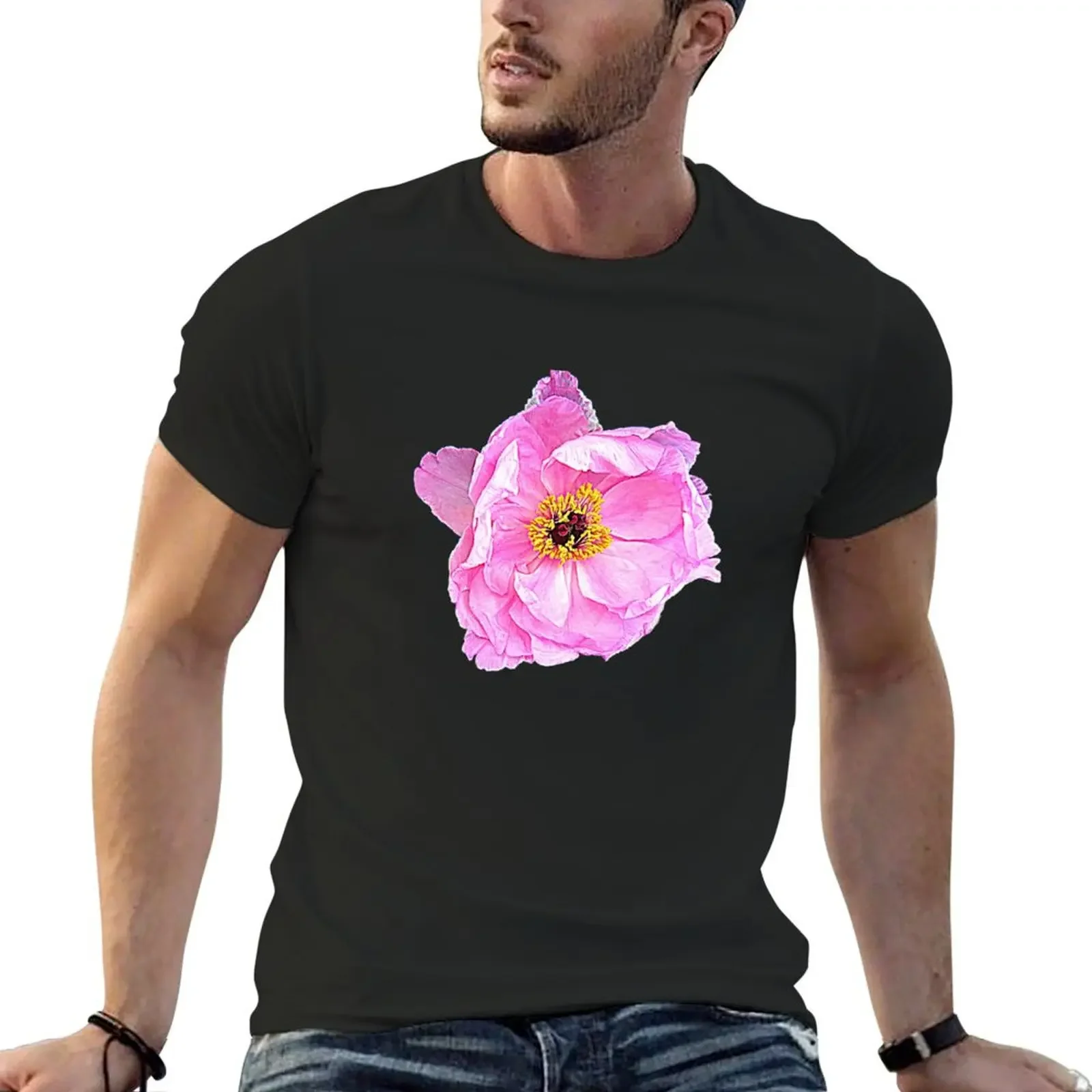 Art66Design Flower power pink peony. Celebrate summer garden. Lacy petals and bright yellow centre. T-Shirt