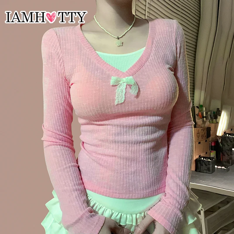 

IAMHOTTY Contrast Lace Patchwork Top Pink Coquette Aesthetic Bow V-neck Knitted T-shirts Autumn Cute Tops Slim-fit Knitwear y2k