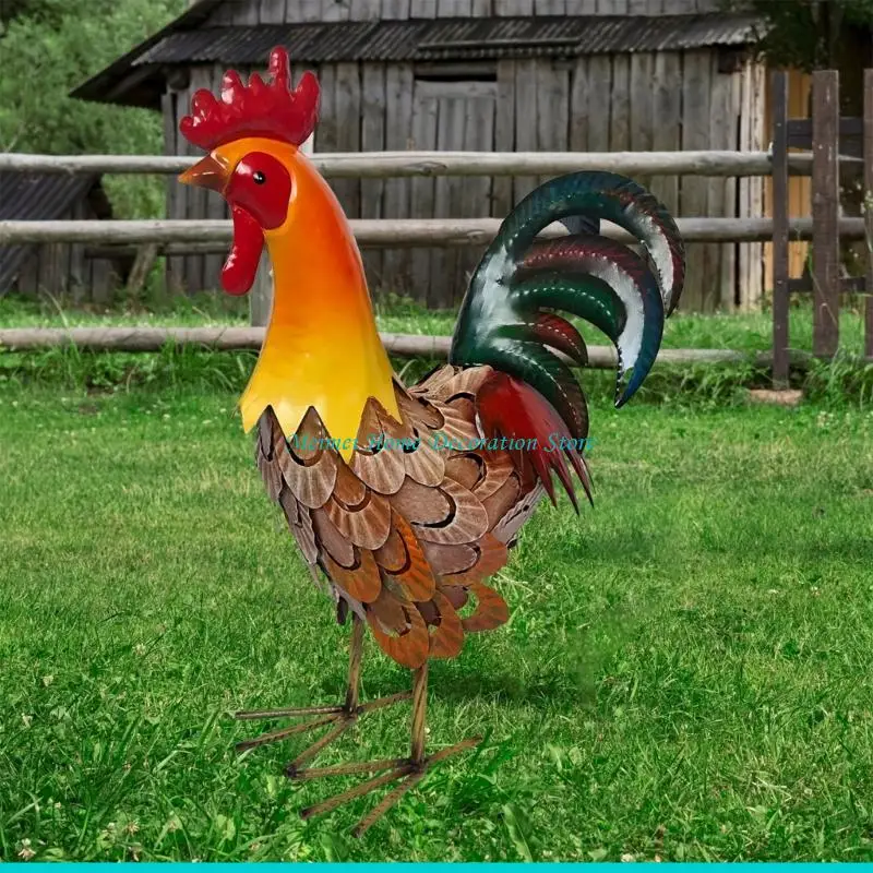H7BF Metal Rooster Sculpture Ornament Eye Catching Lawn Decoration For Patios Garden