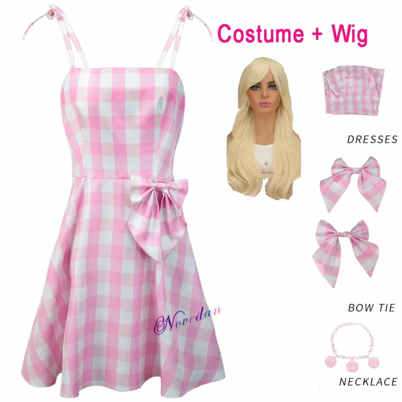 أزياء باربي لفيلم 2023 للنساء والأطفال والبنات فستان منقوش للأميرة الوردية ملابس مارجوت روبي التأثيرية أزياء حفلات الهالوين